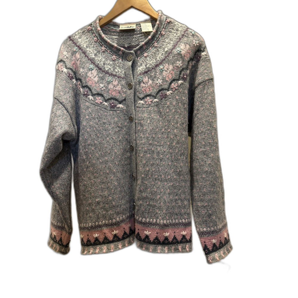 Northern Reflections Vintage Wool Sweater Cardigan floral embroidery Large